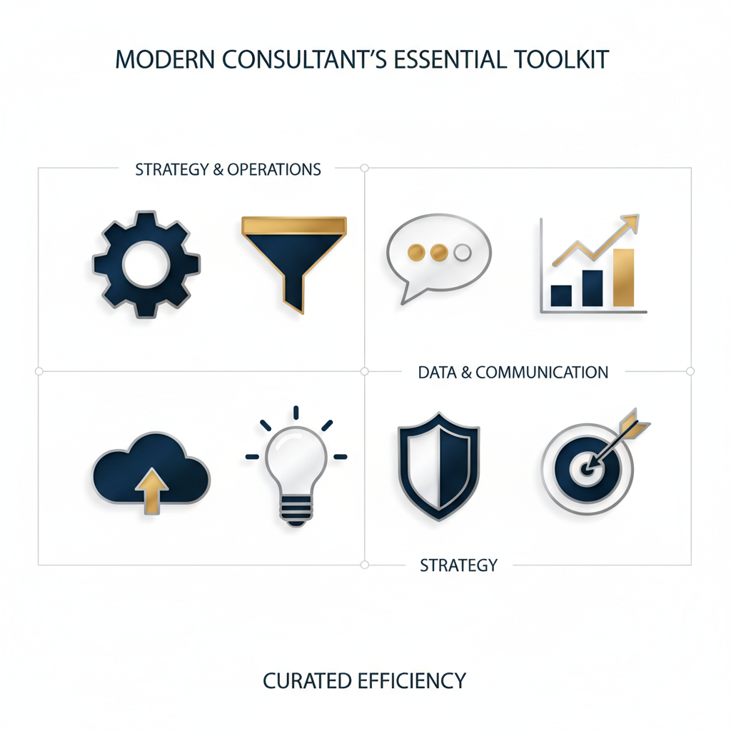 Infographic displaying essential tools for an independent management consultant as a structured array of abstract, geometric icons with metallic accents.