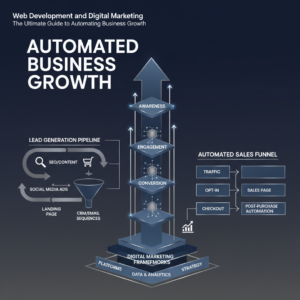 Infographic header for 'Web Development and Digital Marketing: The Ultimate Guide to Automating Business Growth', featuring interconnected business automation workflows, sales funnels, and growth charts using modern vector shapes in deep navy, charcoal, white, and metallic accents. No people.