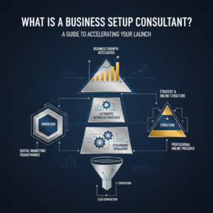 Infographic header image for an article on business setup consultants. Features abstract representations of business growth, automation workflows, lead generation funnels, and digital marketing frameworks, using clean geometric shapes, metallic accents, and a professional navy, charcoal, and white color palette.