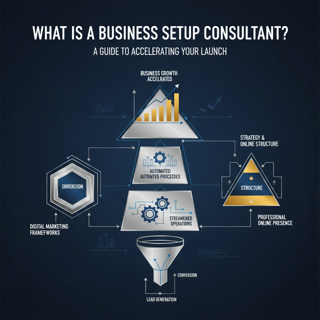 Infographic header image for an article on business setup consultants. Features abstract representations of business growth, automation workflows, lead generation funnels, and digital marketing frameworks, using clean geometric shapes, metallic accents, and a professional navy, charcoal, and white color palette.
