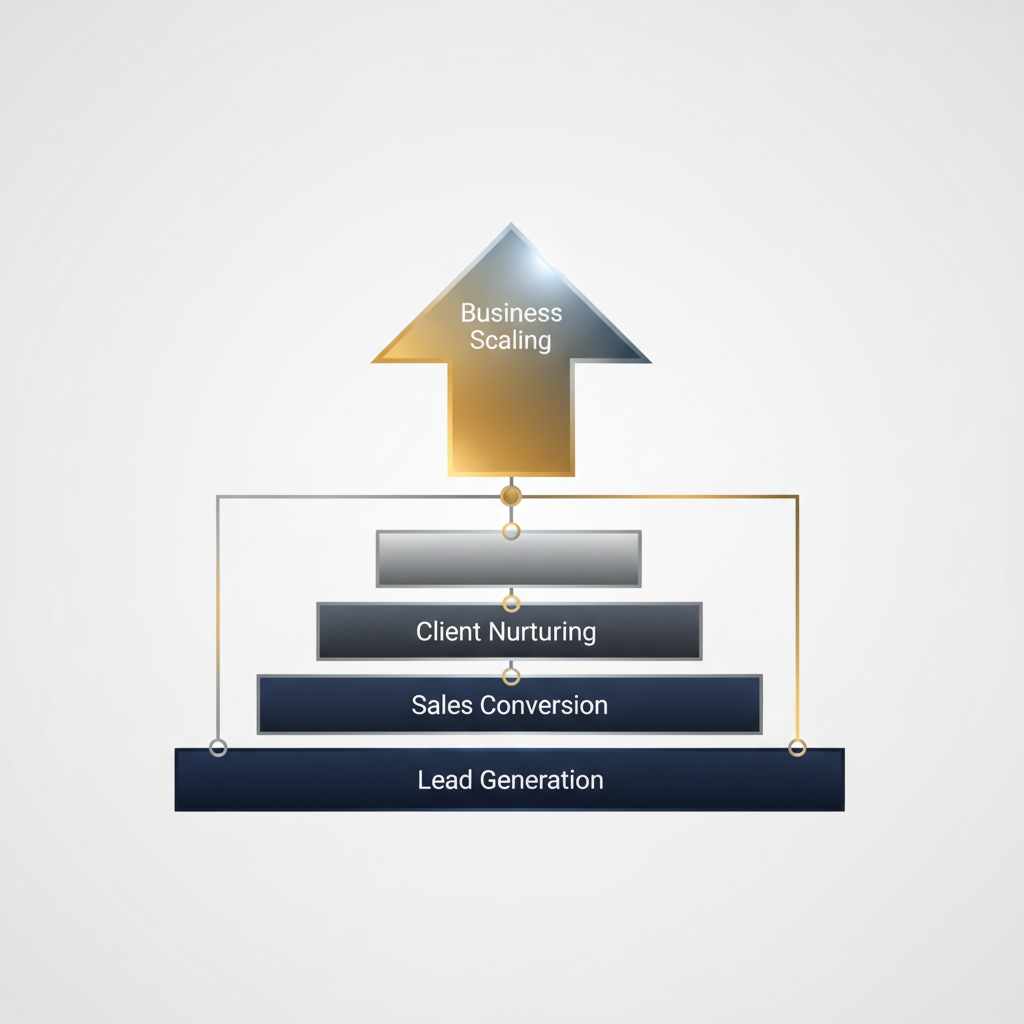 Infographic illustrating a multi-stage business growth pipeline, progressing from 'Lead Generation' through 'Client Nurturing' and 'Sales Conversion' to 'Business Scaling', using geometric shapes and connecting lines.