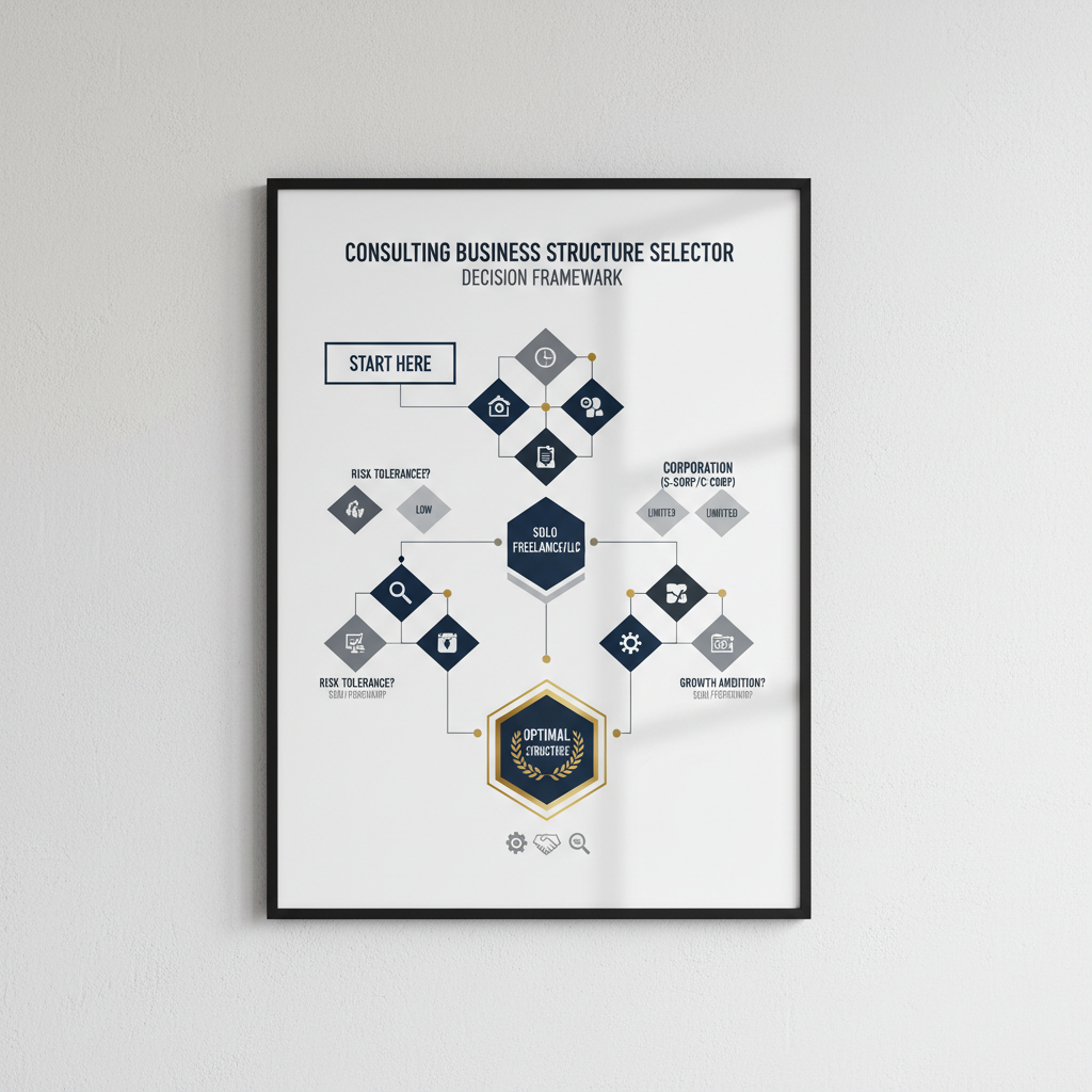 Infographic illustrating a multi-step decision-making process for selecting the optimal consulting business structure, using interconnected geometric shapes and arrows.