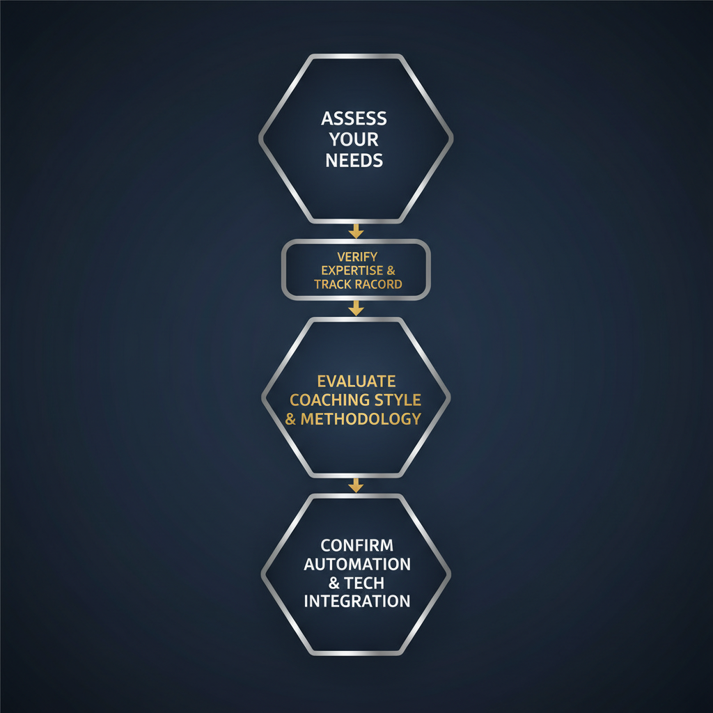 Infographic illustrating a multi-step process for choosing the right digital agency coach, featuring interconnected hexagonal nodes representing assessment, expertise verification, coaching style evaluation, and automation integration.
