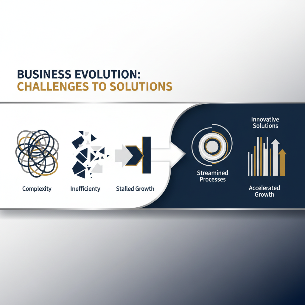 Infographic illustrating common business challenges transforming into streamlined solutions, using abstract shapes and flow lines, with a minimalist, professional design.
