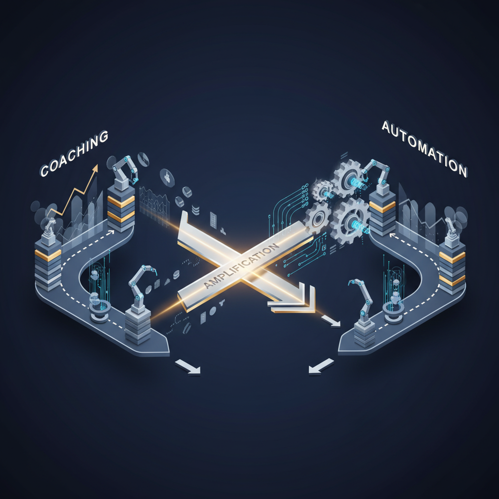Infographic illustrating how automation amplifies coaching results, showing two interconnected systems for 'Coaching' and 'Automation' with gears and flow diagrams, linked by a glowing arrow representing synergy and increased efficiency.