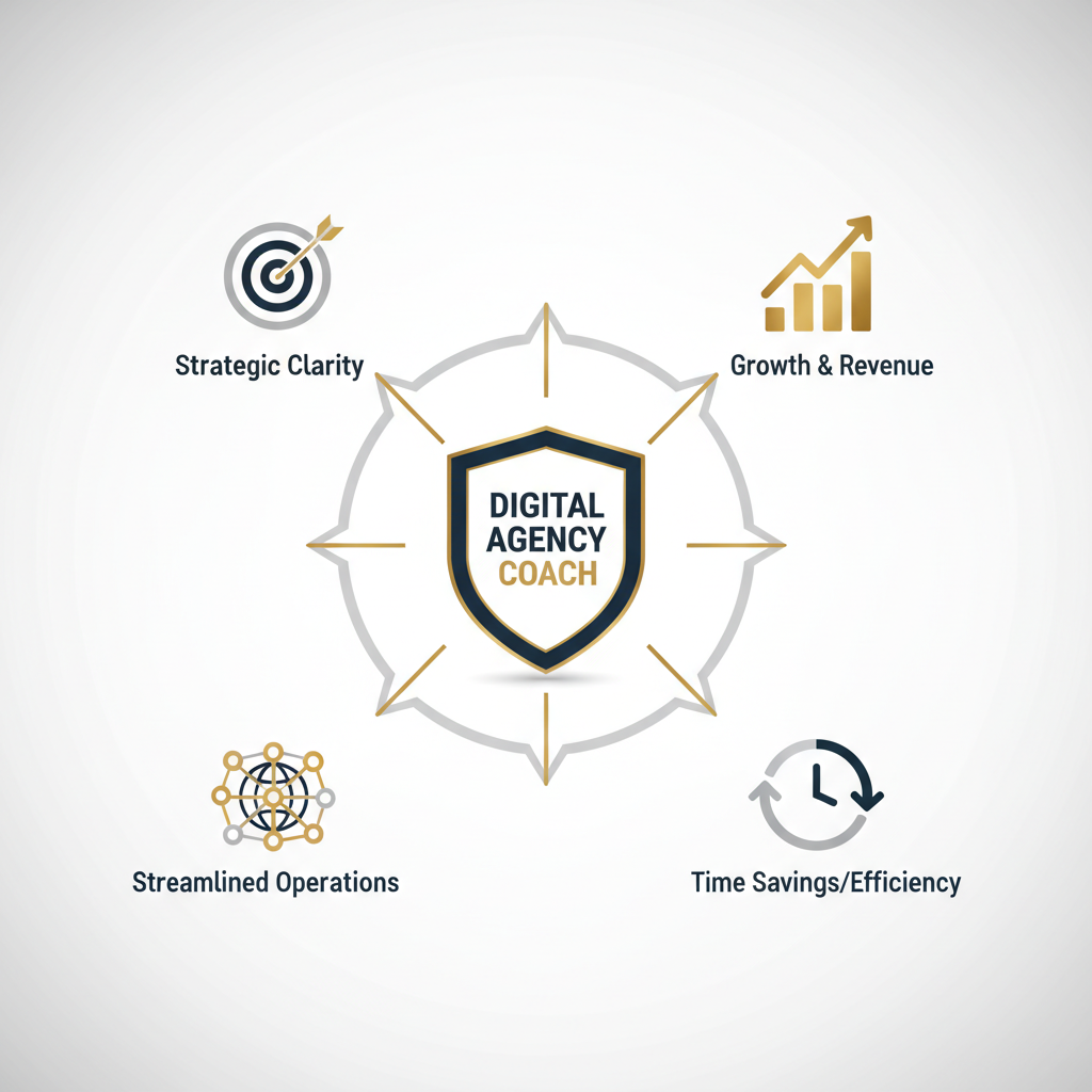 Infographic illustrating the core benefits of a digital agency coach, depicted as a central hub with radiating pathways leading to icons for growth, efficiency, streamlined operations, and strategic clarity.