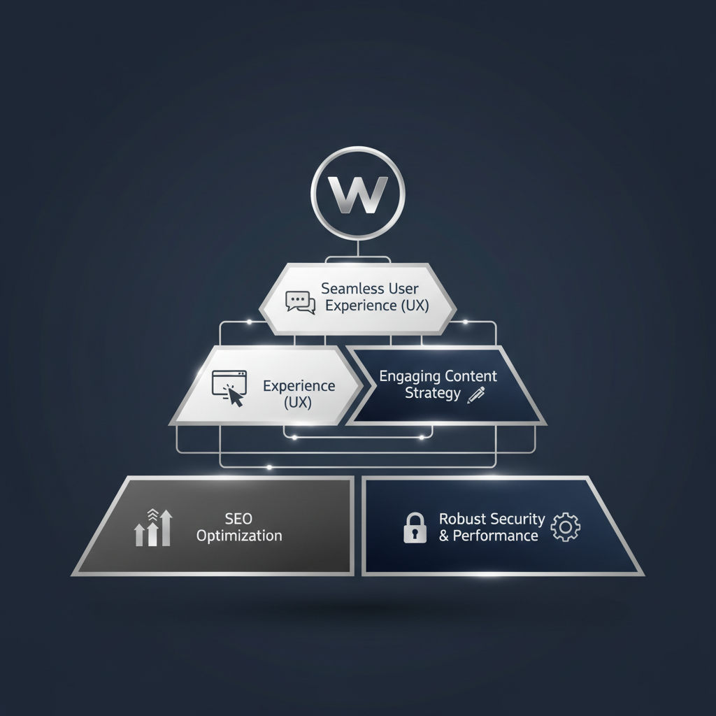 Infographic illustrating the layered foundations of a high-performing business website, with blocks representing SEO, User Experience, Content, and Security supporting a website icon.