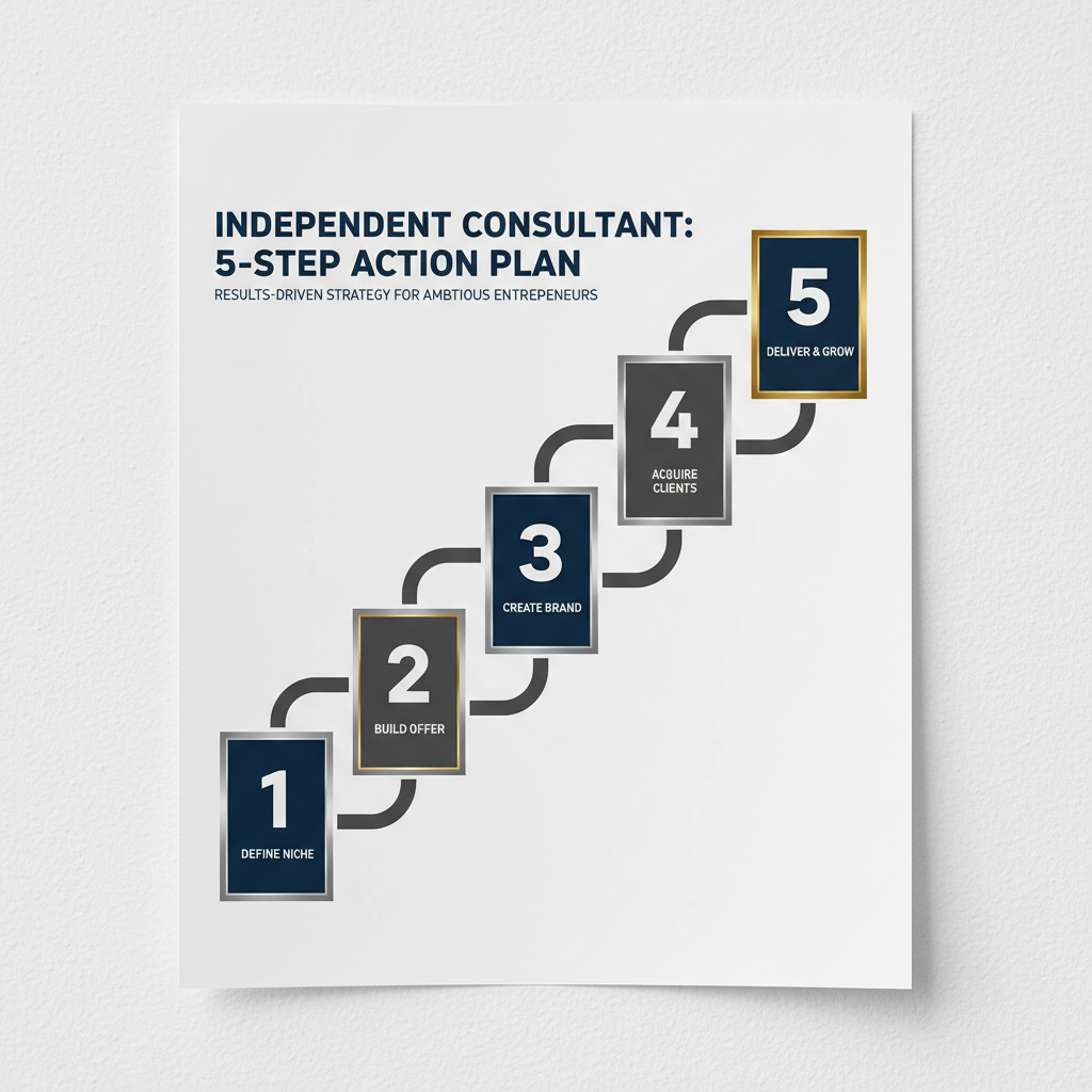 Infographic showing a 5-step action plan for becoming an independent consultant, depicted as an ascending progression of geometric stages with metallic accents.