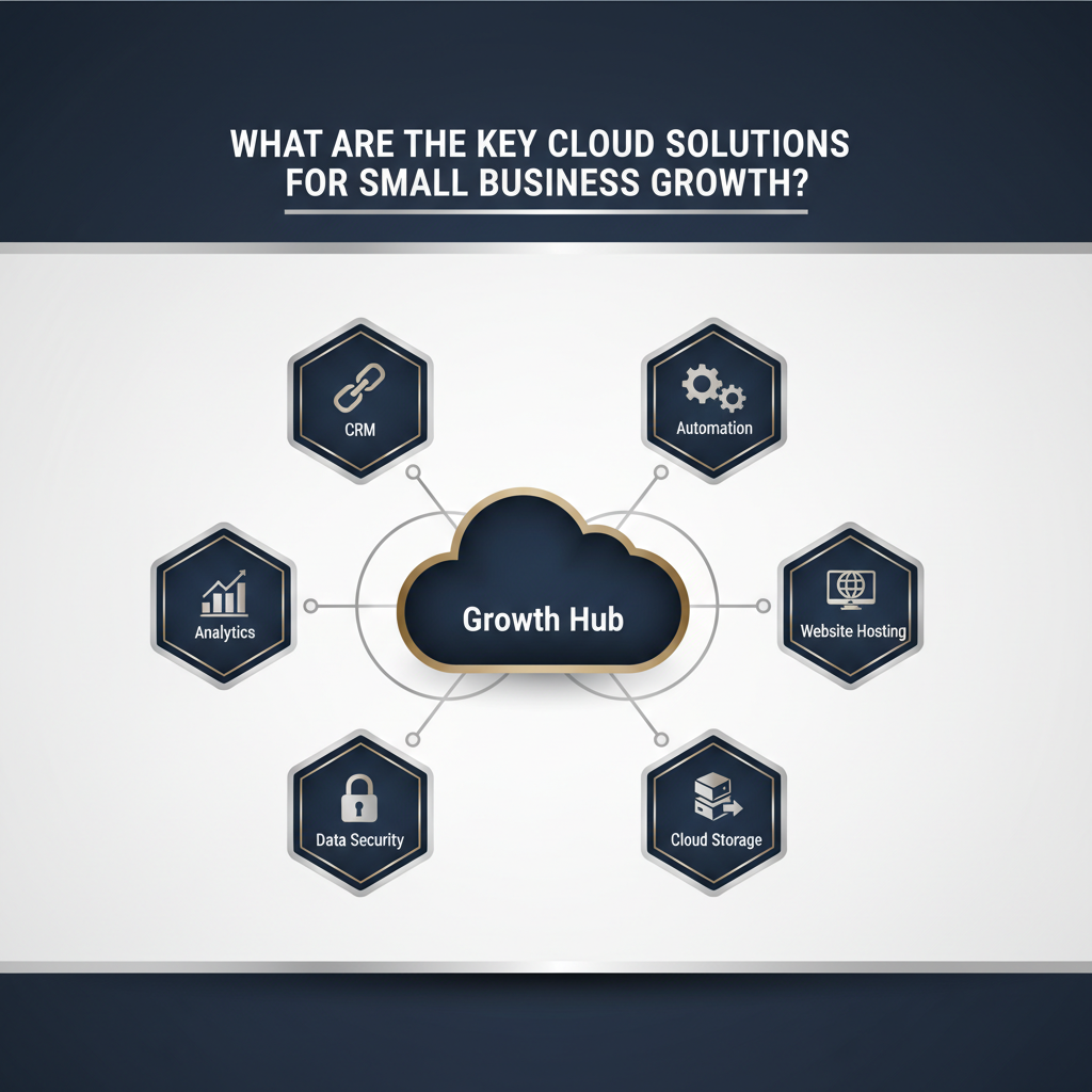 Infographic showing a central 'growth hub' connected to multiple geometric modules, each representing a key cloud solution with an abstract icon like CRM, Automation, Analytics, and Website Hosting.