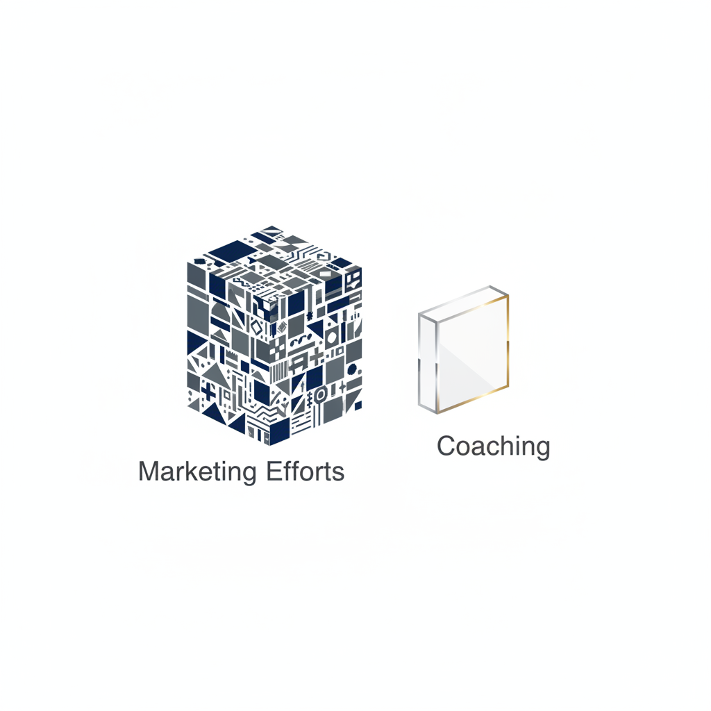 Infographic showing a large, complex block representing 'Marketing Efforts' outweighing a smaller, simpler block representing 'Coaching', illustrating an imbalance of time.