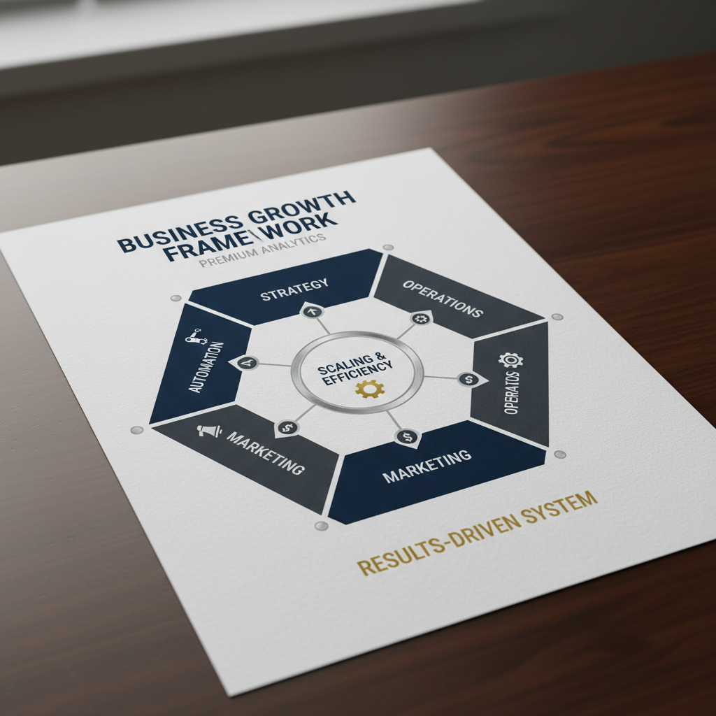 Infographic showing a multi-faceted business growth framework with interconnected areas like strategy, operations, and sales, using clean geometric shapes and a sophisticated color palette.
