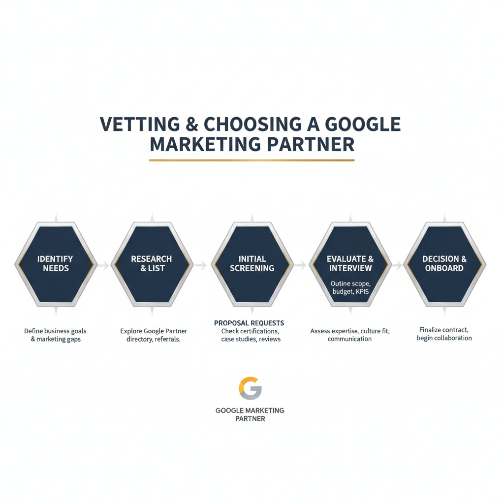 Infographic showing a multi-step, horizontal flow diagram with numbered geometric stages outlining the process for vetting and choosing a Google Marketing Partner.
