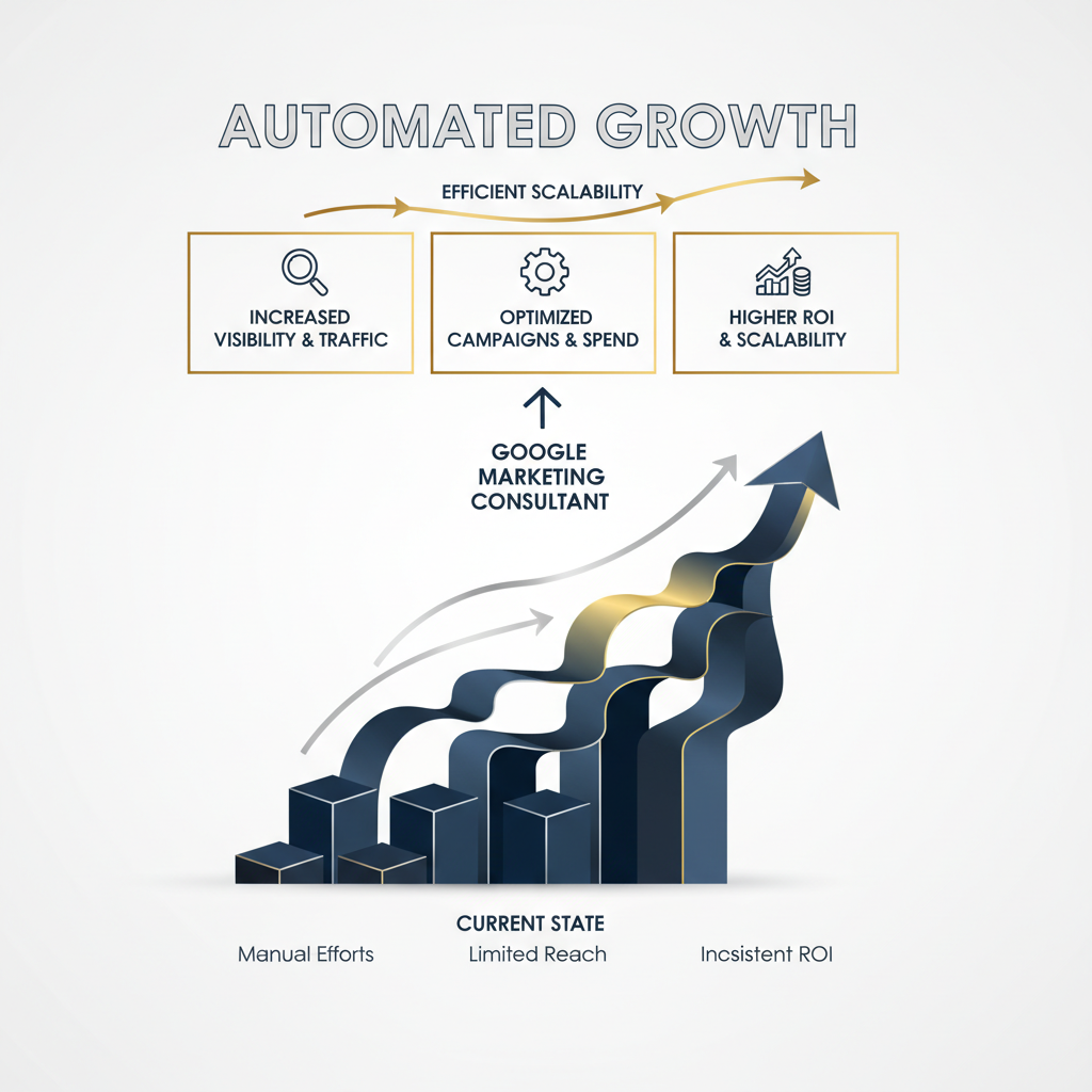 Infographic showing an ascending business growth chart, transforming from a foundational base to a larger, streamlined structure representing automated growth and increased efficiency.
