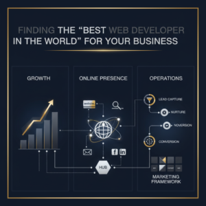 Infographic-style header image depicting conceptual elements of web development and business growth, including interconnected workflow diagrams, ascending charts, and structured digital marketing frameworks, rendered in deep navy, charcoal, white, and metallic accents, conveying professionalism and efficiency.