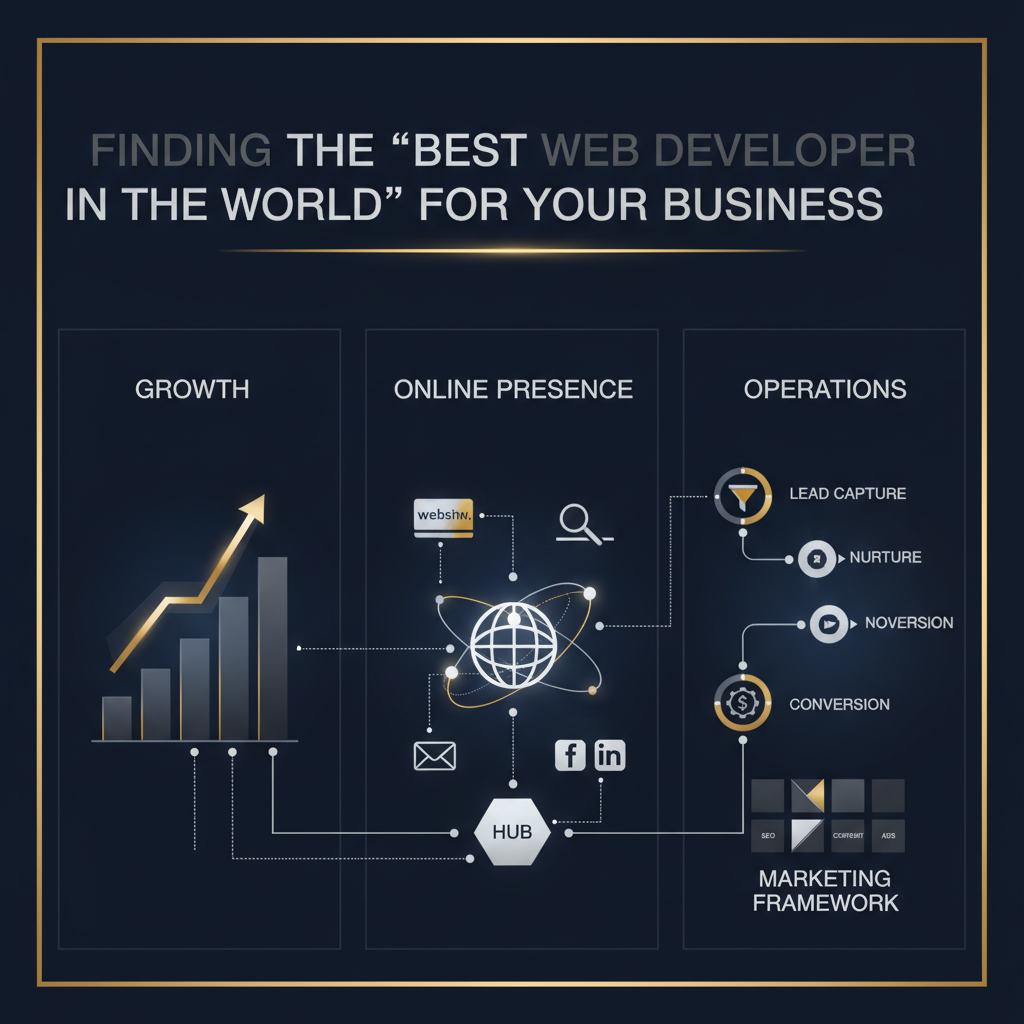 Infographic-style header image depicting conceptual elements of web development and business growth, including interconnected workflow diagrams, ascending charts, and structured digital marketing frameworks, rendered in deep navy, charcoal, white, and metallic accents, conveying professionalism and efficiency.
