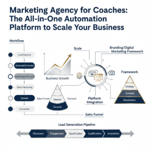 Infographic-style header image for a business article titled 'Marketing Agency for Coaches: The All-in-One Automation Platform to Scale Your Business'. The visual features abstract representations of automated business workflows, sales funnels, and growth charts, using clean geometric shapes, directional arrows, and interconnected icons. The color palette is deep navy, charcoal, and white with metallic silver or gold accents, conveying professionalism, efficiency, and business growth. No people or cartoon elements are present.