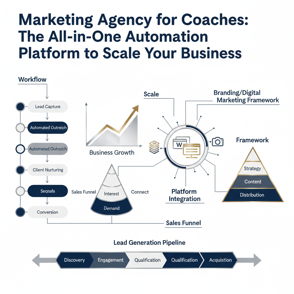 Infographic-style header image for a business article titled 'Marketing Agency for Coaches: The All-in-One Automation Platform to Scale Your Business'. The visual features abstract representations of automated business workflows, sales funnels, and growth charts, using clean geometric shapes, directional arrows, and interconnected icons. The color palette is deep navy, charcoal, and white with metallic silver or gold accents, conveying professionalism, efficiency, and business growth. No people or cartoon elements are present.