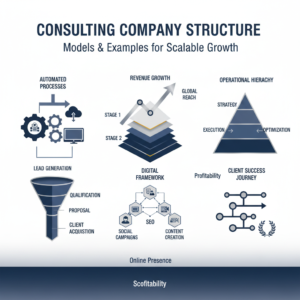 Infographic-style header image for an article on 'Consulting Company Structure: Models & Examples for Scalable Growth', depicting abstract, interconnected workflow diagrams, ascending growth charts, and digital marketing frameworks, rendered in a modern, minimalist style with deep navy, charcoal, and metallic silver accents, symbolizing scalable operations and automation for business growth.