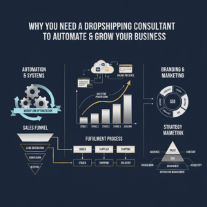 Infographic-style header image for an article on dropshipping consultants. The image features abstract, interconnected elements symbolizing automated business workflows, sales funnels, growth charts, and digital marketing strategies. It utilizes clean geometric shapes, subtle gradients, and metallic silver/gold accents on a deep navy, charcoal, and white background, conveying professionalism, efficiency, and structured business growth without any human figures.