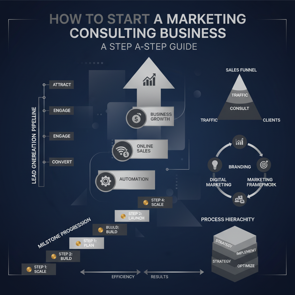 Infographic-style header image titled 'How to Start a Marketing Consulting Business: A Step-by-Step Guide,' depicting abstract business growth, automation workflows, and digital marketing funnels with modern vector graphics, geometric shapes, and metallic accents in a deep navy, charcoal, and silver/gold palette, emphasizing a step-by-step process.