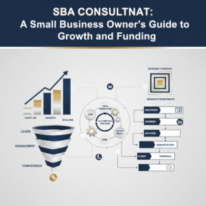 Premium infographic header image for an article on SBA funding and small business growth, featuring modern vector diagrams of business processes, sales funnels, and growth metrics. It uses a deep navy, charcoal, white, and metallic color scheme without any human figures.
