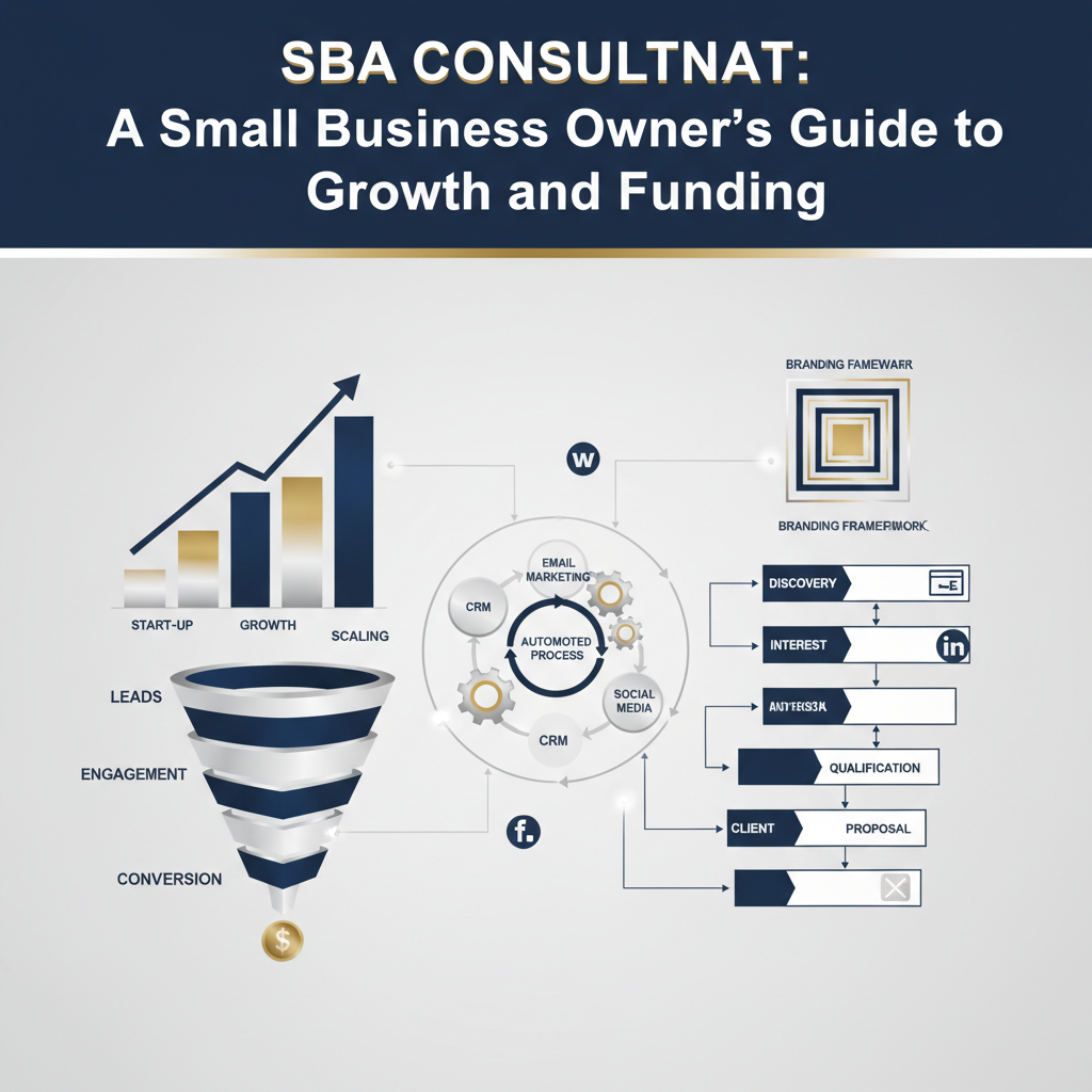 Premium infographic header image for an article on SBA funding and small business growth, featuring modern vector diagrams of business processes, sales funnels, and growth metrics. It uses a deep navy, charcoal, white, and metallic color scheme without any human figures.
