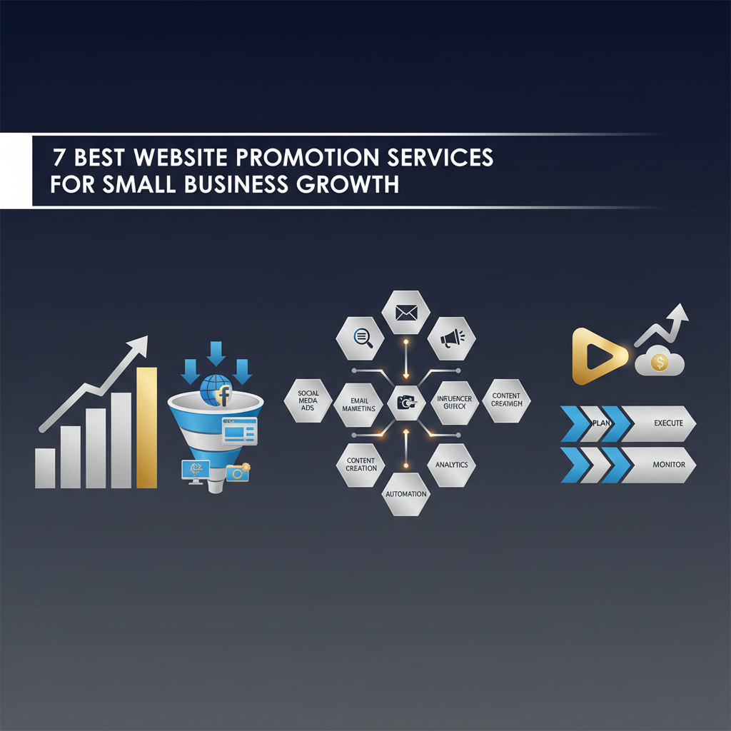 Premium infographic header image for an article titled '7 Best Website Promotion Services for Small Business Growth'. Features modern vector graphics depicting interconnected growth charts, sales funnels, and digital marketing workflows, conveying strategic efficiency and professional business expansion on a dark, sophisticated background.